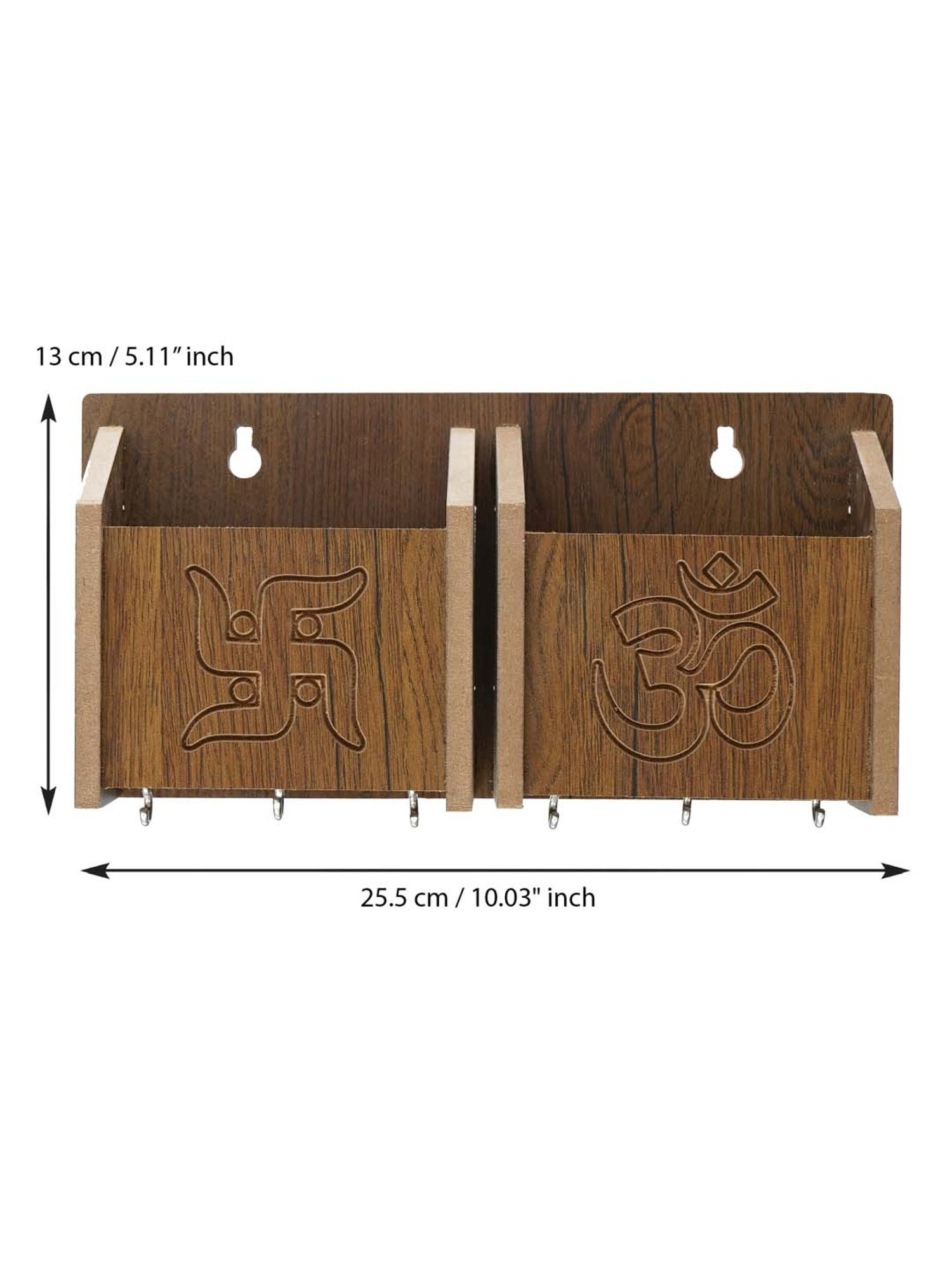 eCraftIndia Brown Wooden 6-in-1 Hook 'Swastik And Om' Keyholder With Shelf