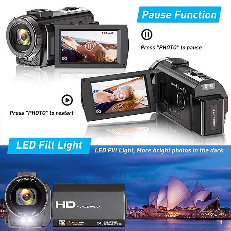 Camera Camcorder for YouTube FHD 1080P 30FPS 24MP Digital Vlogging Camera 16X Digital Zoom 30 Inch 270&deg; Rotation Screen Recorder with Lens Hood Microphone Remote Control 2 Batteries