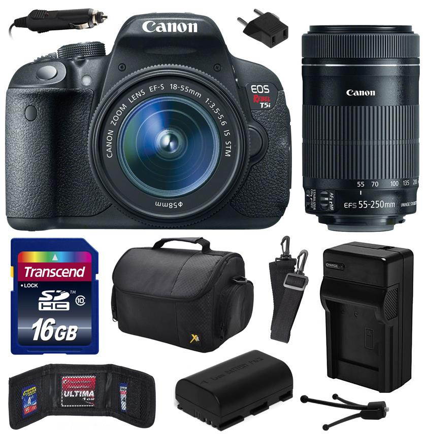 Canon EOS Rebel T5i Digital SLR with 18-55mm STM and EF-S 55-250mm f/4-5.6 IS STM Lens includes 16GB Memory, Large Case, Battery, Charger, Memory Card Wallet, Cleaning Kit (16GB Value Bundle) 8595B003