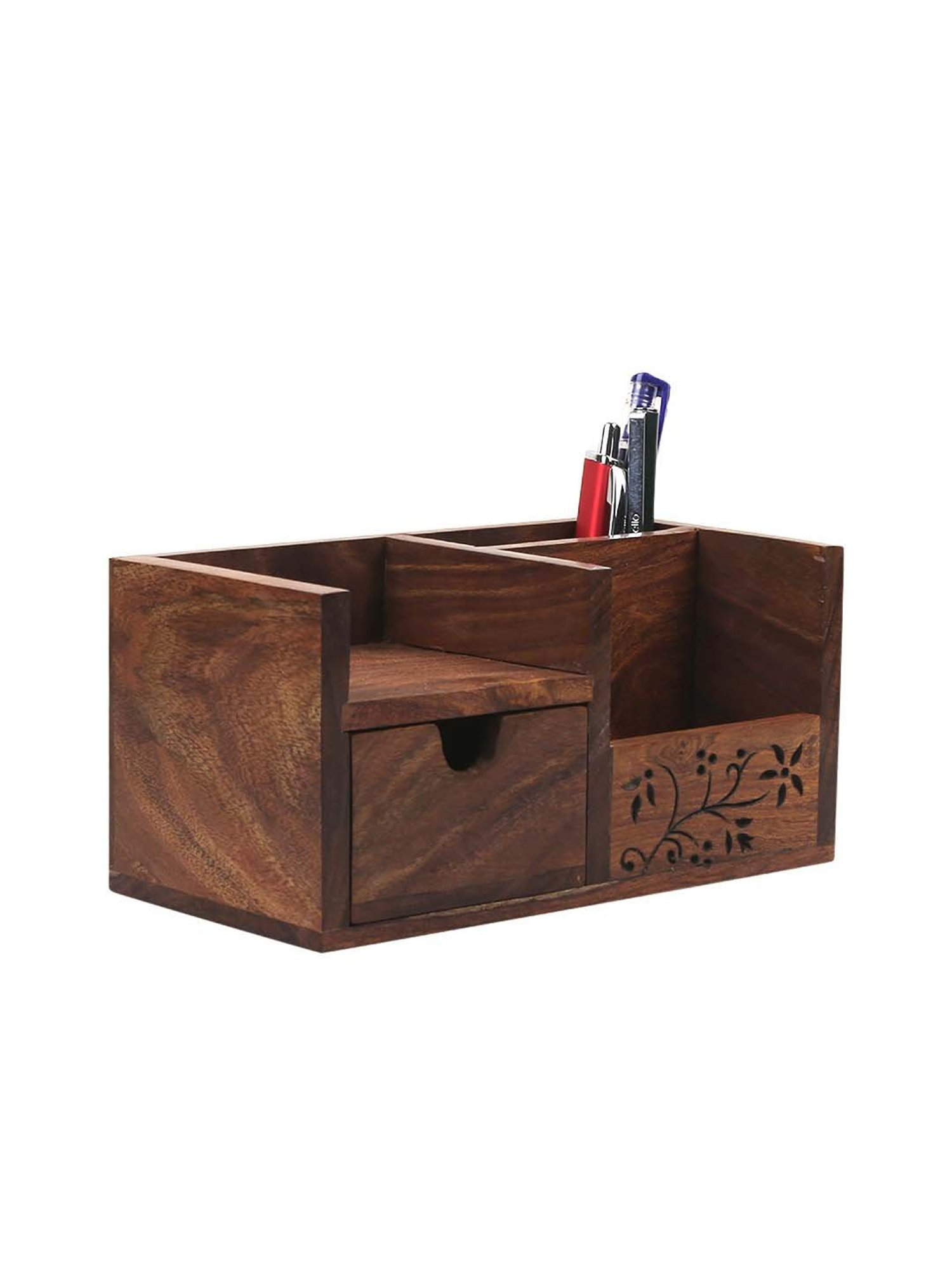 VarEesha Brown Sheesham Wood Flowery Penstand - Set of 1