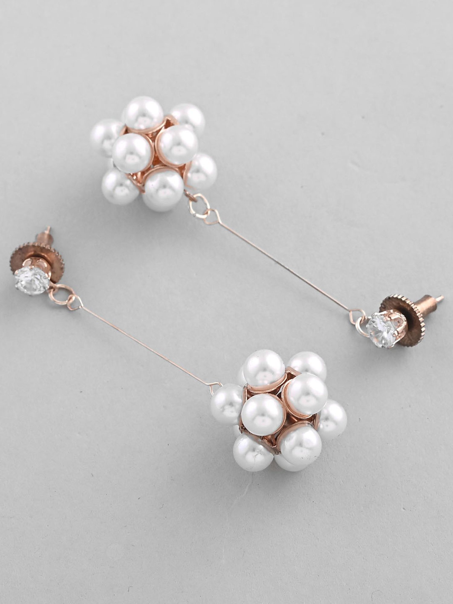 VOJ Rose Gold-Plated Handcrafted Floral Pearl Drop Earrings for Women