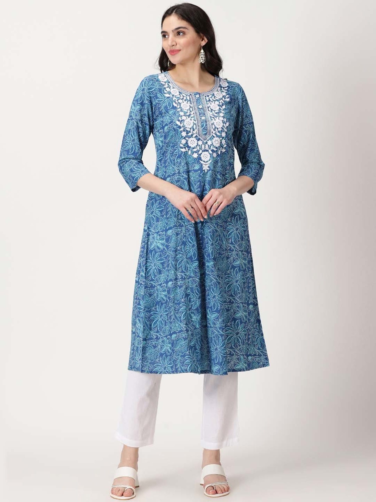 Saffron Threads Blue Embroidered A Line Kurta