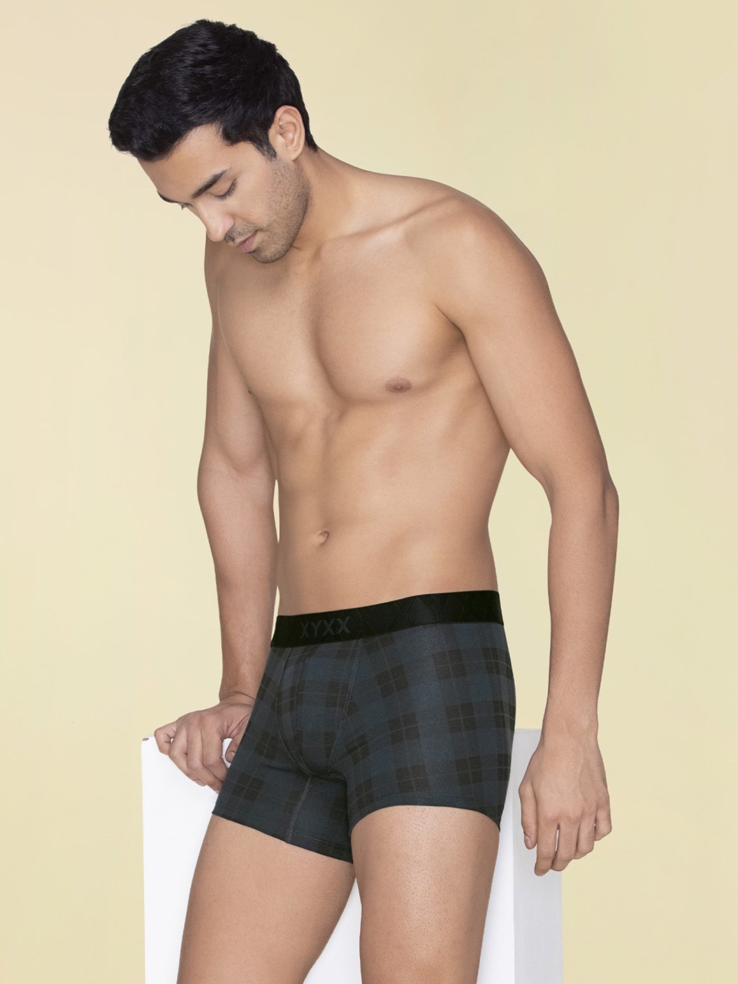 XYXX Charcoal Black & Vivid Blue Regular Fit Checks Trunks - Pack Of 2