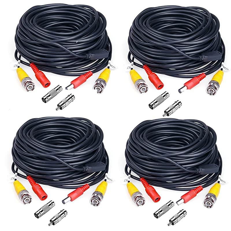 4 Pack 60ft BNC Video Exension Power Cable Cord PreMade AllinOne Coaxial Cable with 8pcs BNC to RCA Connectors for DVR Video Camera Security System WireBlack