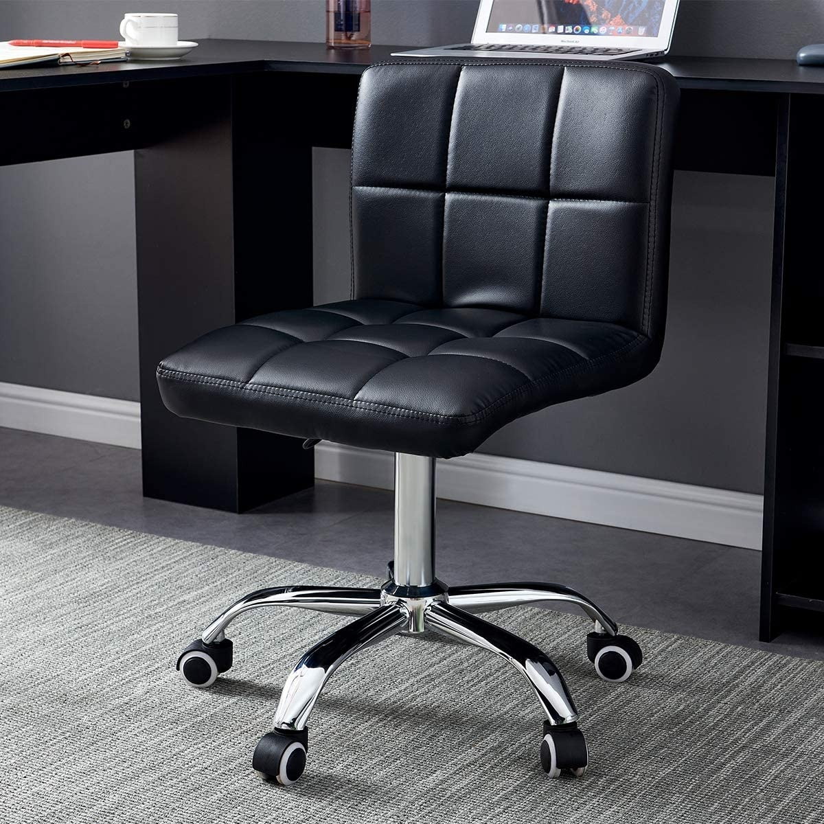 Ribbed Swivel Desk Chair Adjustable Task Chair PU Leather Mid Back Rolling Office Chair with Wheels Padded Task Conference Chair with Backrest for Office Home Computer Without Arms, White