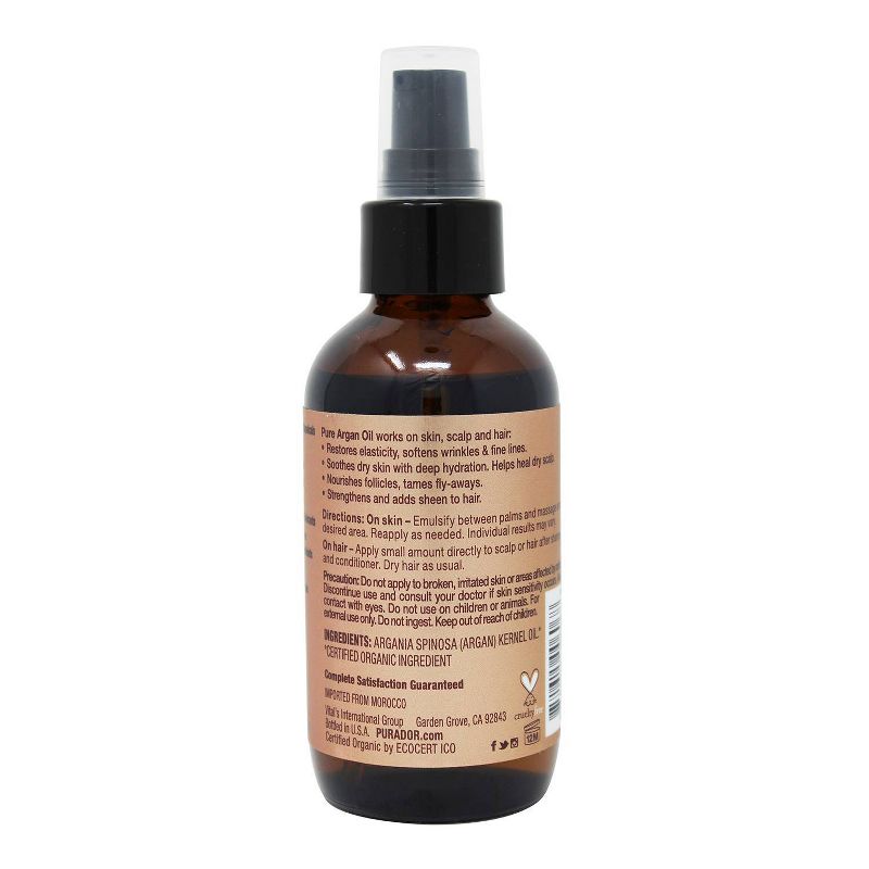 Pura d'or 100% Pure Organic Argan Oil - 4 fl oz