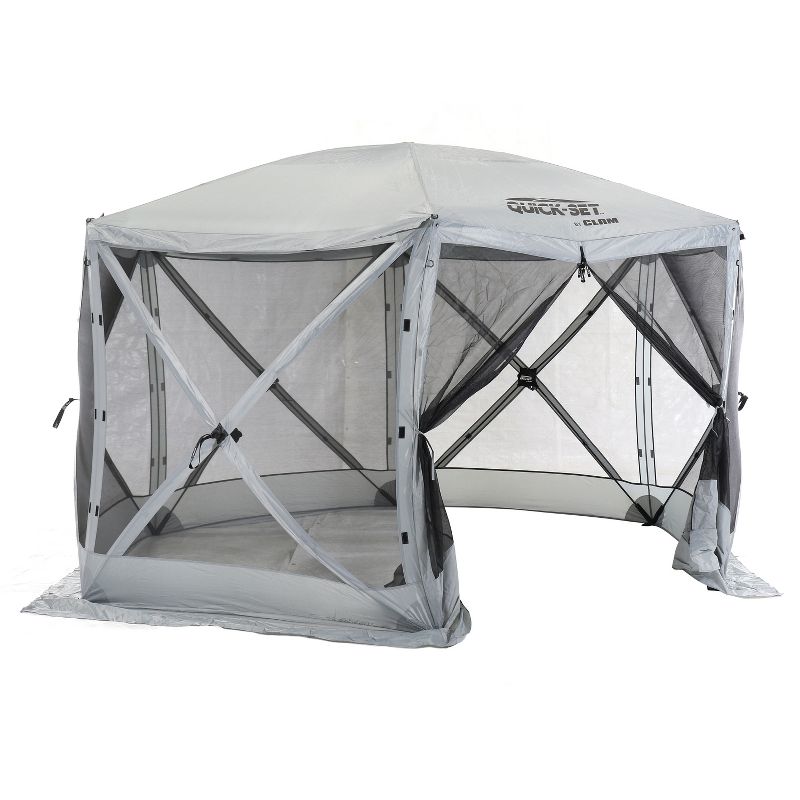 CLAM Quick-Set Escape 11.5 x 11.5 Foot Portable Pop-Up Outdoor Camping Gazebo Screen Tent 6 Sided Canopy Shelter with Ground Stakes & Carry Bag, Gray