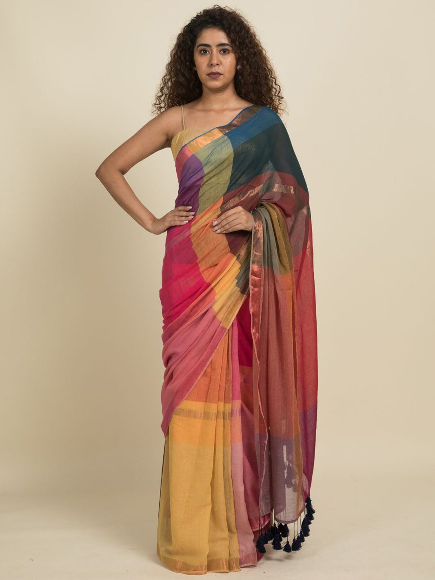 Suta Multicolored Pure Cotton Zari Work Saree Without Blouse