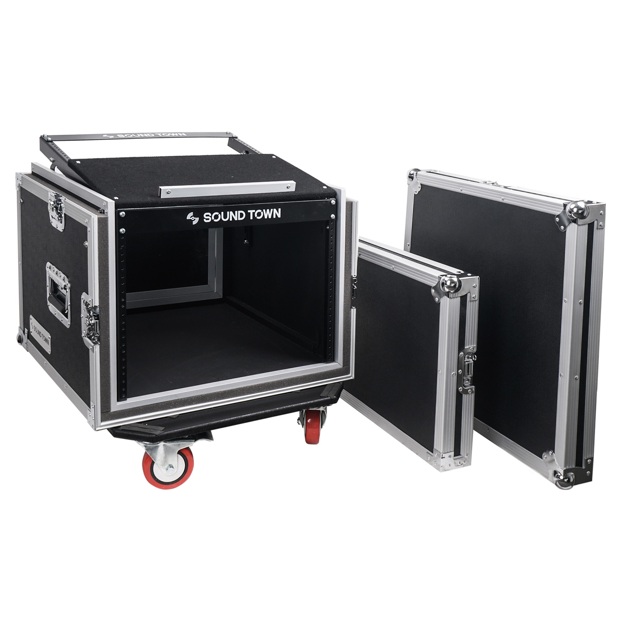 Sound Town Shock Mount 8U ATA Rack Case with 20&rdquo; Rackable Depth, 11U Slant Mixer Top and Casters, 8-Space Size (STMR-SP8UW)