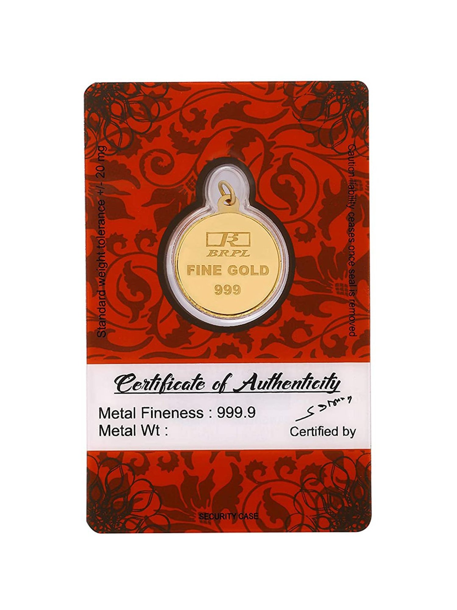 Bangalore Refinery Lakshmi 24k (999) 5.2gm Gold Coin cum Pendant