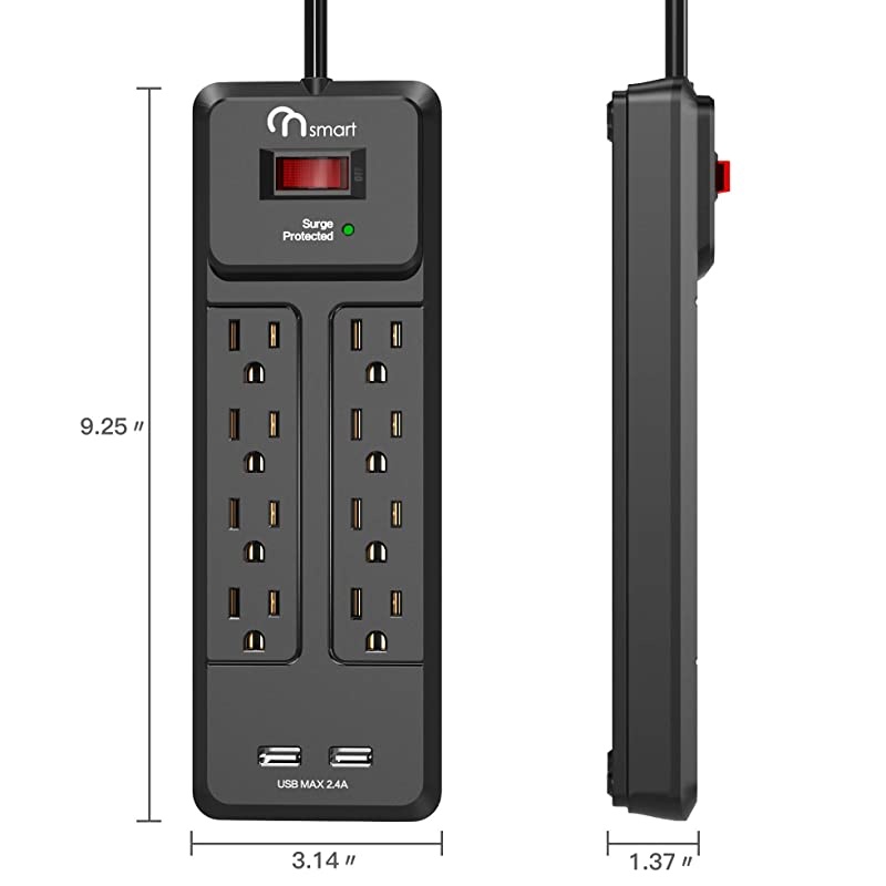 ON USB Power Strip Surge Protector with 8AC outlets amp 2 USB Ports 2100J Surge Protection 15A Overload Breaker 6Ft Long Power CordMountableBlack
