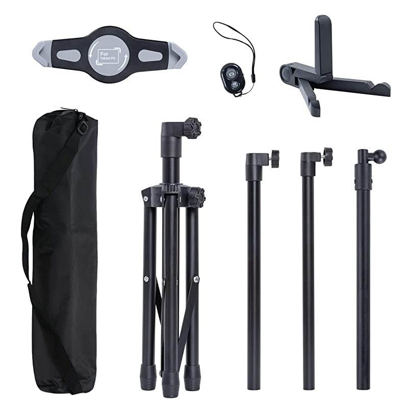 iPad Tripod Stand Holder Indoor Outdoor Foldable Bluetooth Control Floor Mount Tablet Stand 360 Rotating Height Adjustable for More 7 to 12 Inch Tablets Carrying Case Phone Holder as Gifts