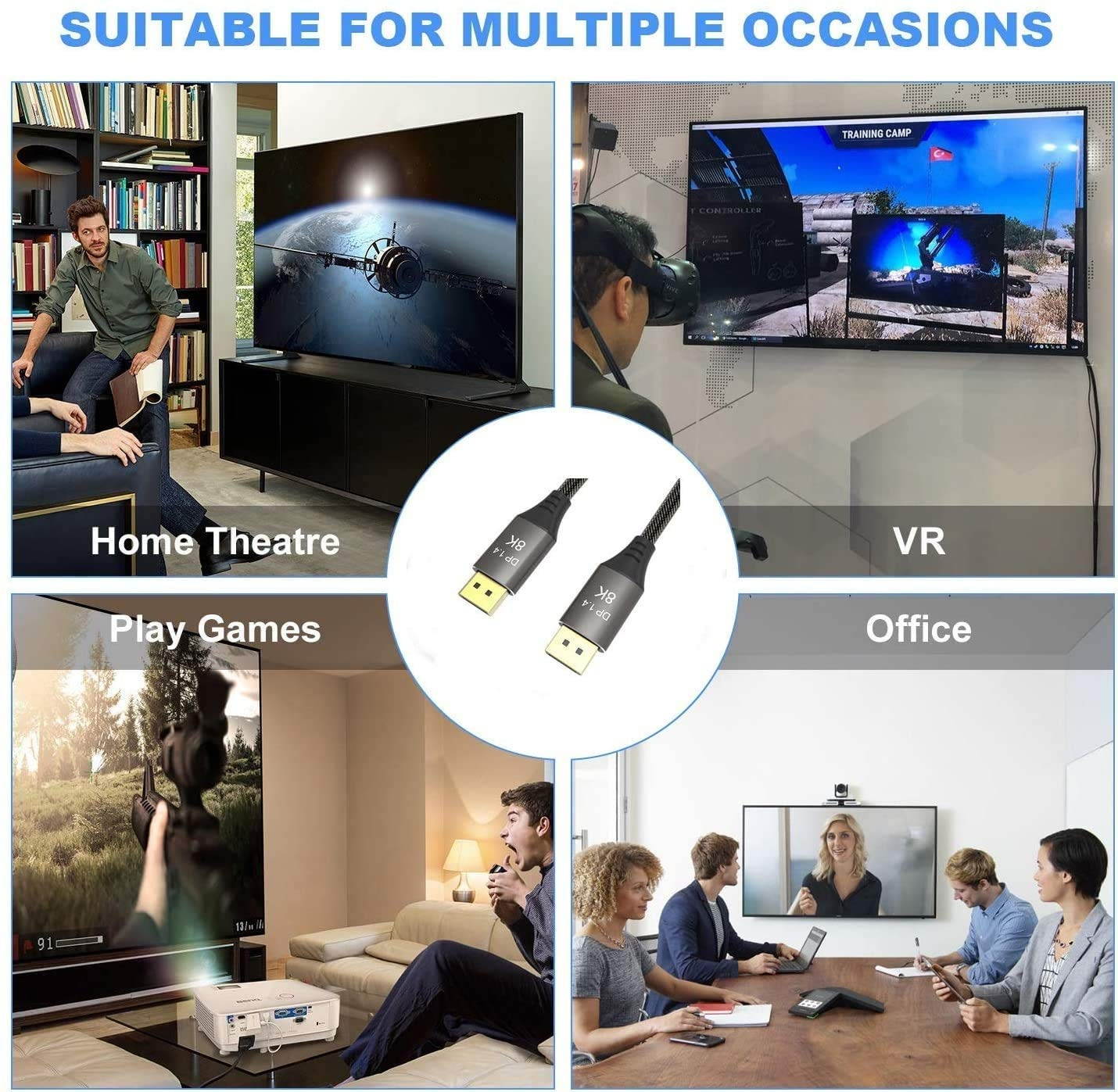 CABLEDECONN DisplayPort Cable Ultra HD 8K 4K Copper Cord DP 1.4 HBR3 8K@60Hz 4K@144Hz High Speed 32.4Gbps HDCP 3D Slim and Flexible DP to DP Cable 7M