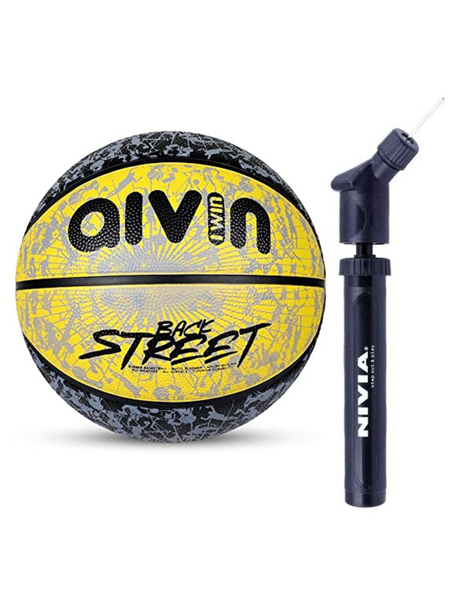 AIVIN Back Street Basketball & Nivia Air Pump Combo Pack (Mustard Yellow) Size - 7