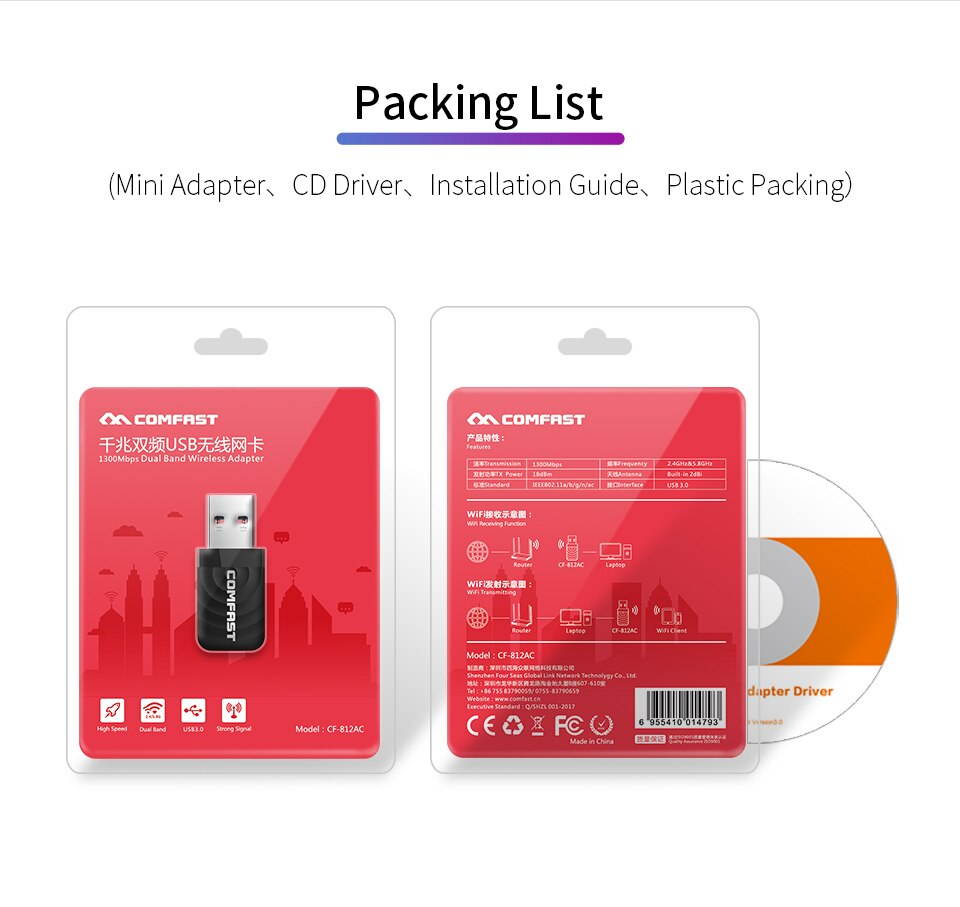 1 pcs AC1300 wireless USB wifi adapter 5GHz &2.4GHz Dual Band USB WiFi mini Dongle Adapter Network Card