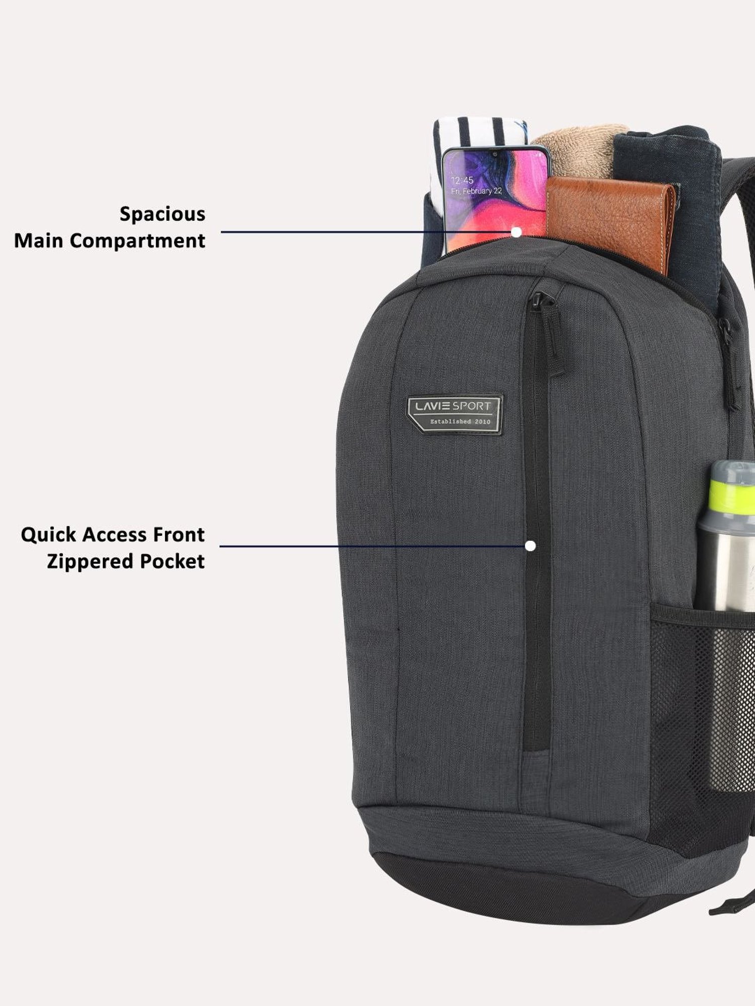 Lavie Sport Black Polyester Solid Backpack - 22 Ltrs