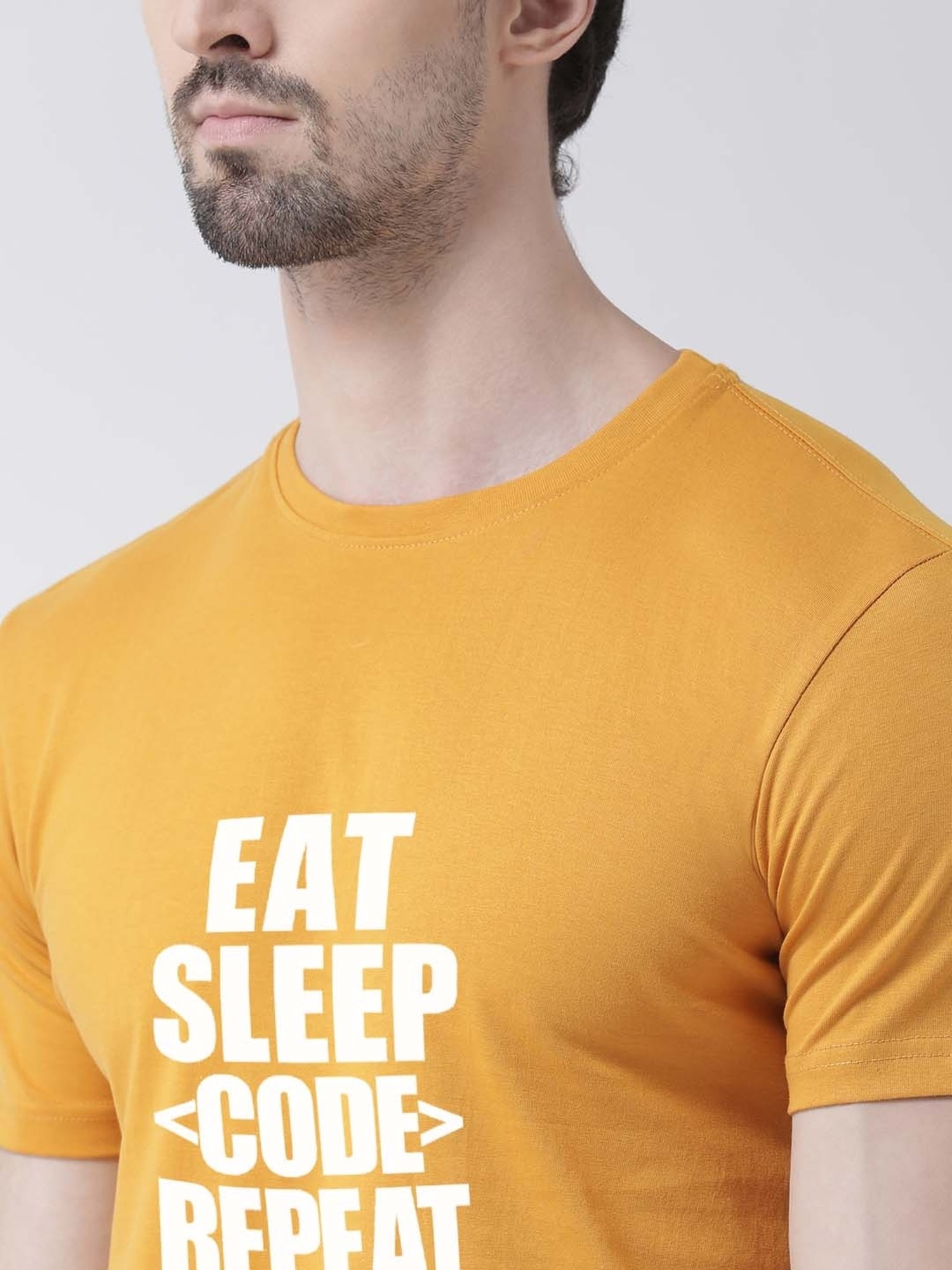 Friskers Mustard Cotton Slim Fit Printed T-Shirt
