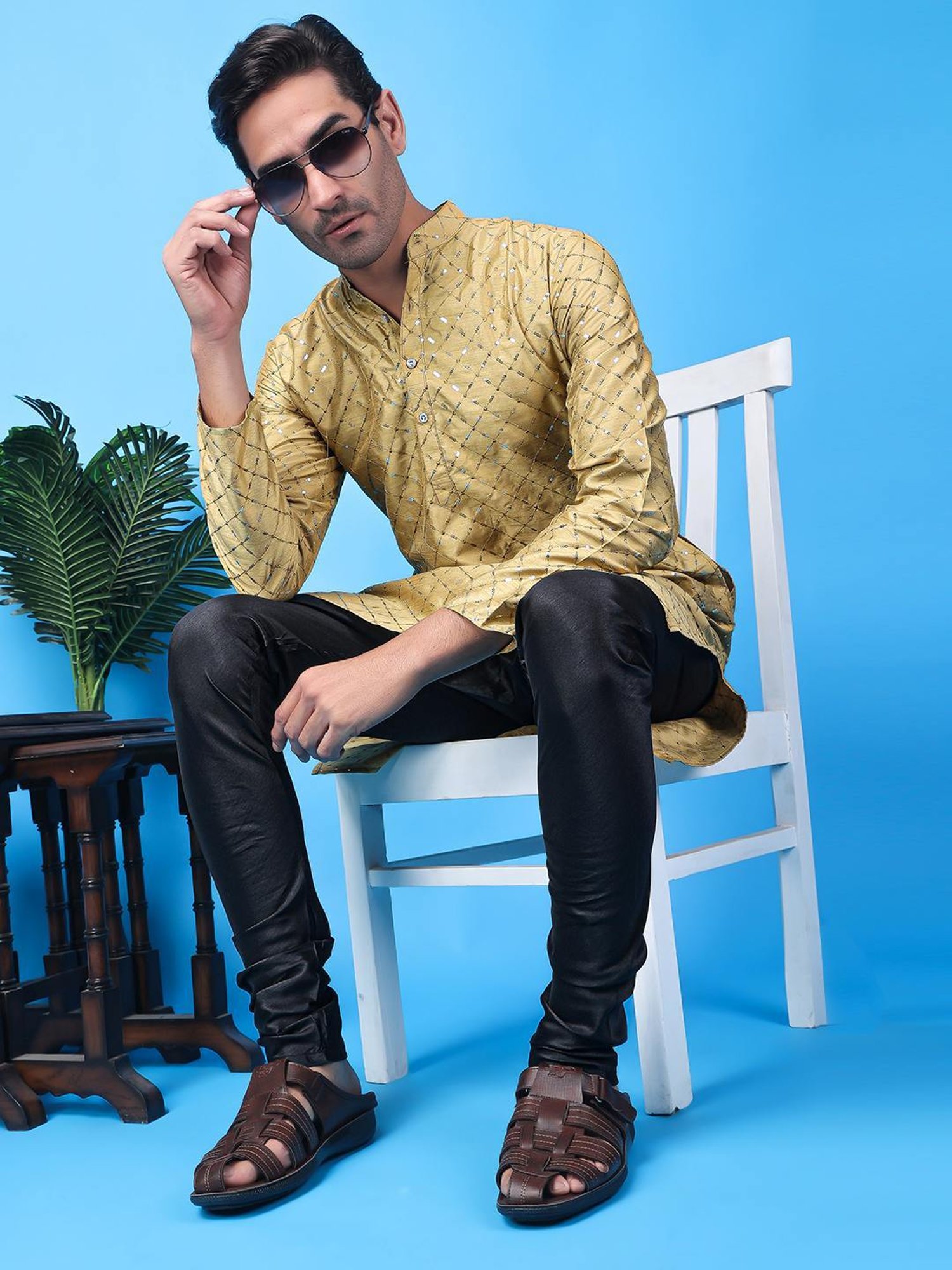 Hangup Khaki & Black Regular Fit Embellished Kurta Bottom Set