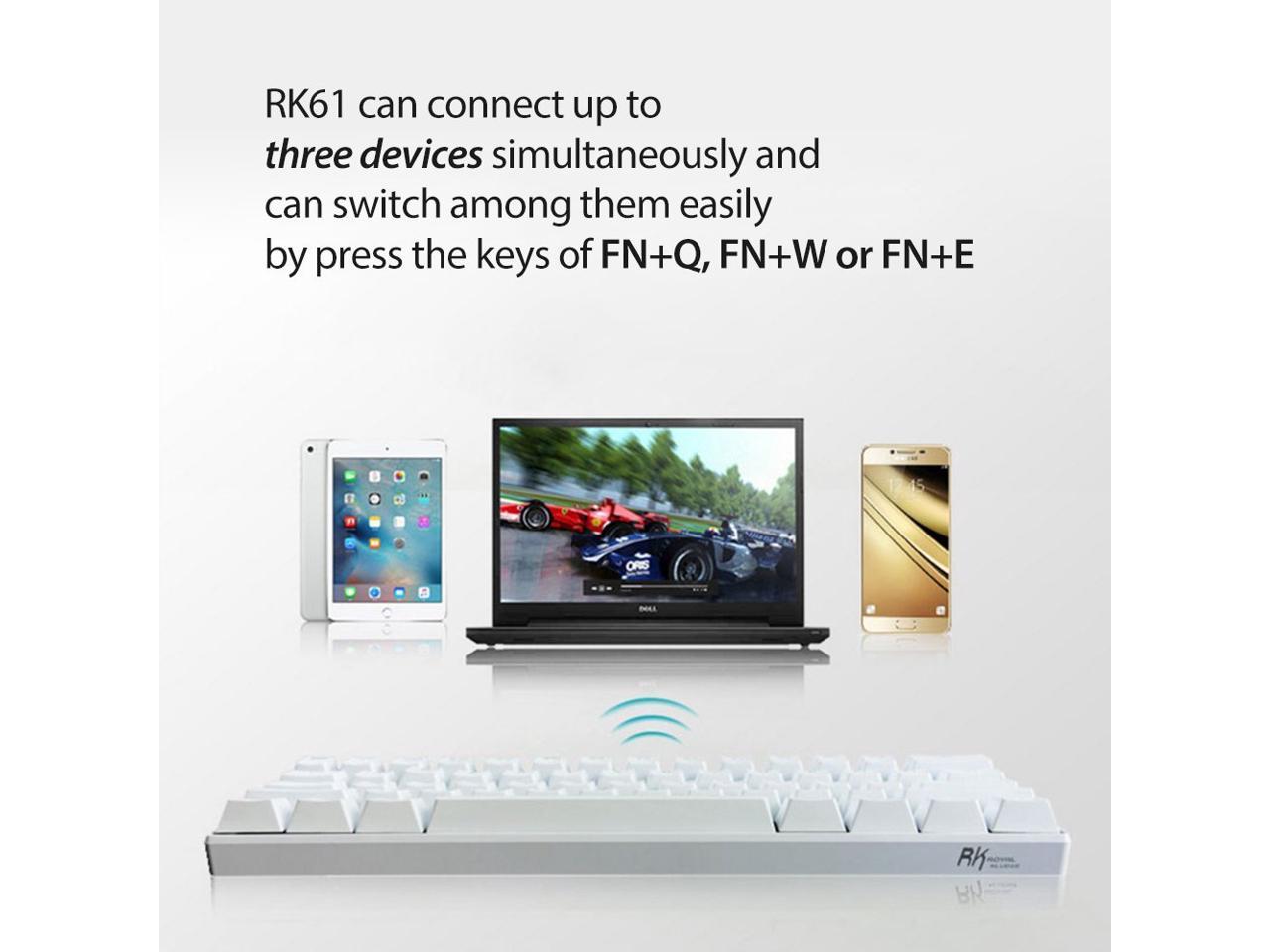 Royal Kludge RK61 Mechanical Bluetooth 3.0 Wired/Wireless 61 Keys Multi-Device RGB Backlit Gaming/Office Keyboard for iOS, Android, Windows and Mac with Rechargeable Battery, Blue Switch - White