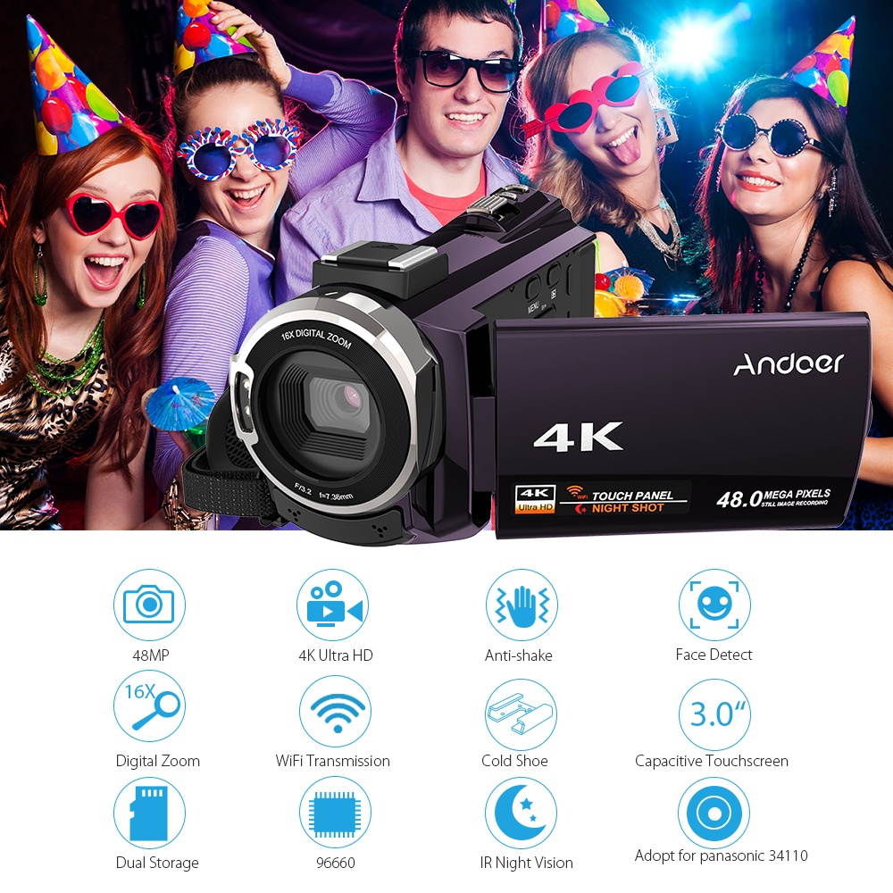 Andoer 4K 1080P 48MP WiFi Digital Video Camera Camcorder Recorder with 0.39X Wide Angle Macro Lens Novatek 96660 Chip 3inch Capacitive Touchscreen IR Infrared Night Sight 16X Zoom Cold Shoe Support