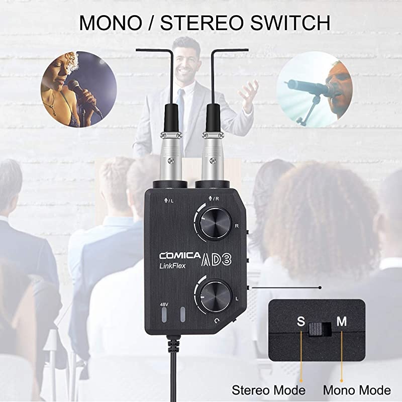 LINKFLEX.AD3 2-channel XLR/3.5mm Microphone Preamp Mixer with 48V Phantom Power, Real Time Monitor, Guitar Interface Preamp for DSLR Cameras, Camcorders, iPhone,iPad,Mac and Android Smartphones