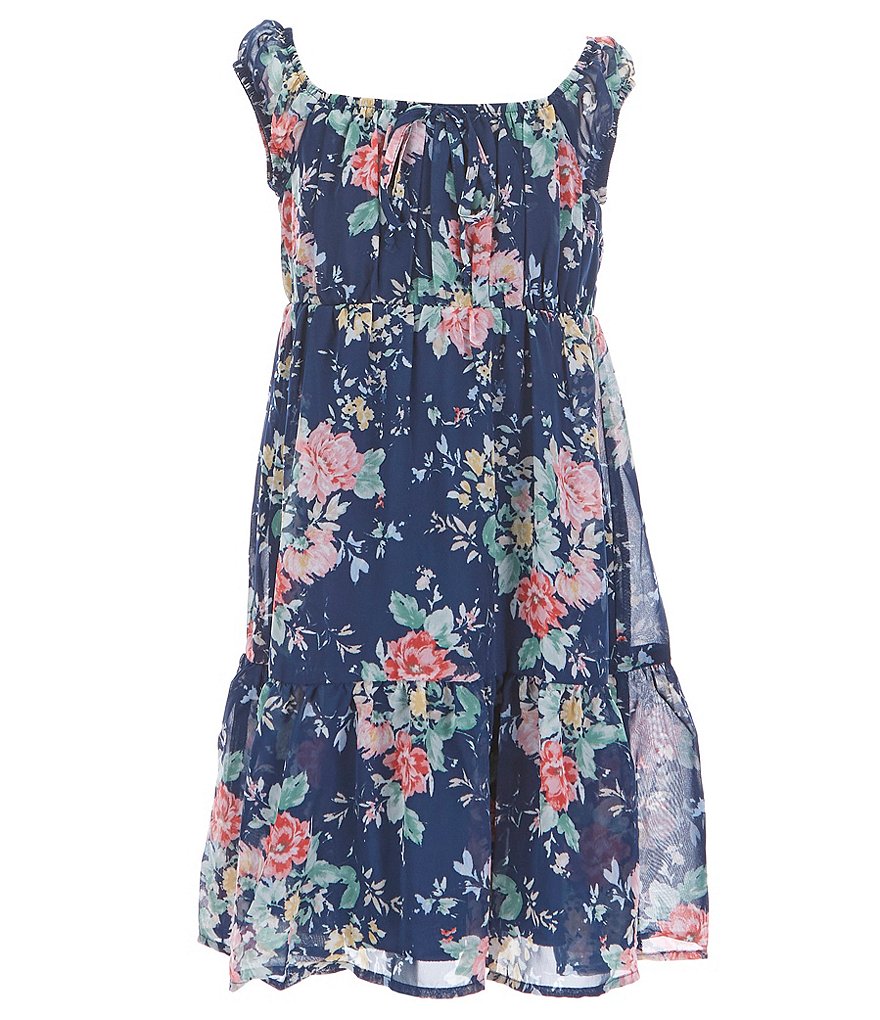 Honey and Rosie Big Girls 7-16 Puff Cap-Sleeve Floral Printed Tiered Skirt Peasant Dress