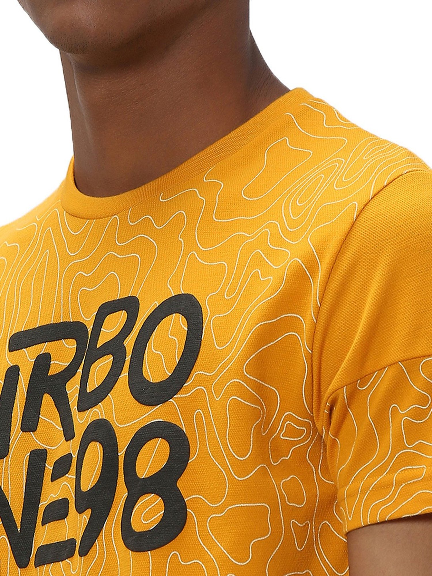 Mufti Mustard Slim Fit Printed Cotton Crew T-Shirt