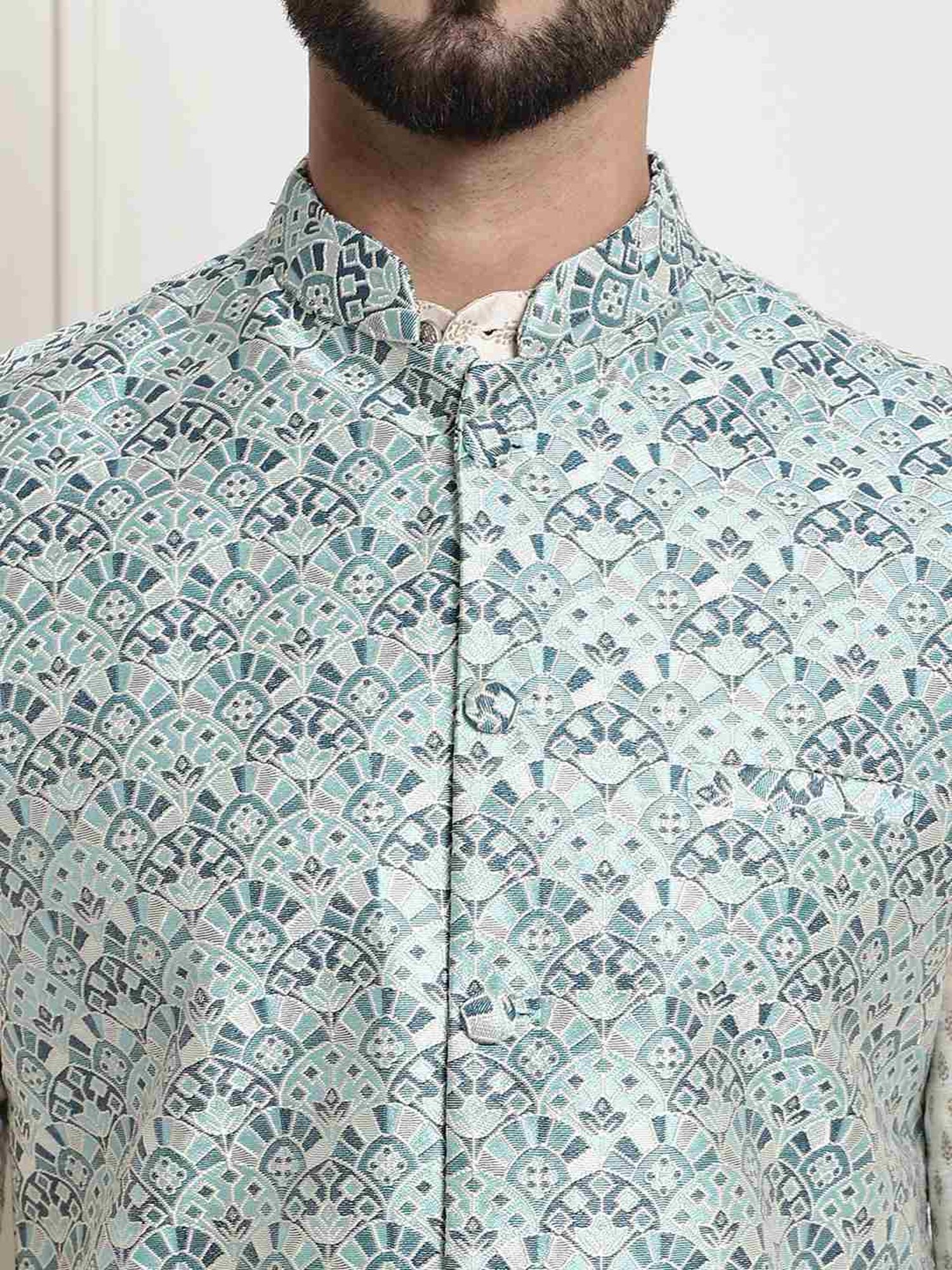 Sojanya Teal Regular Fit Self Pattern Nehru Jacket