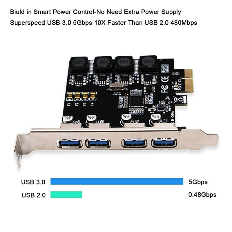 PCIe 4 Ports Superspeed USB 3.0 Card Adapter for Windows Server,XP,Vista,7,8.0,8.1,10(32/64bit) PCs-Biuld in Smart Power Control Technology-No Aditional Power Supply Needed(PCE-U304A)