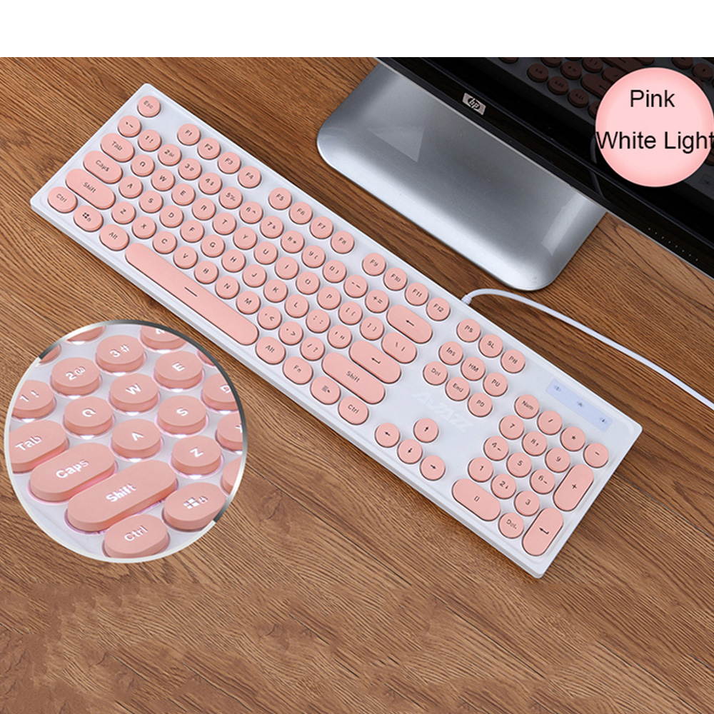 Wired Keyboard Retro Punk Round Keycap Mute White Backlit Ergonomic Slim Keyboard for Office Gamers Programmers Typists Laptop Computer
