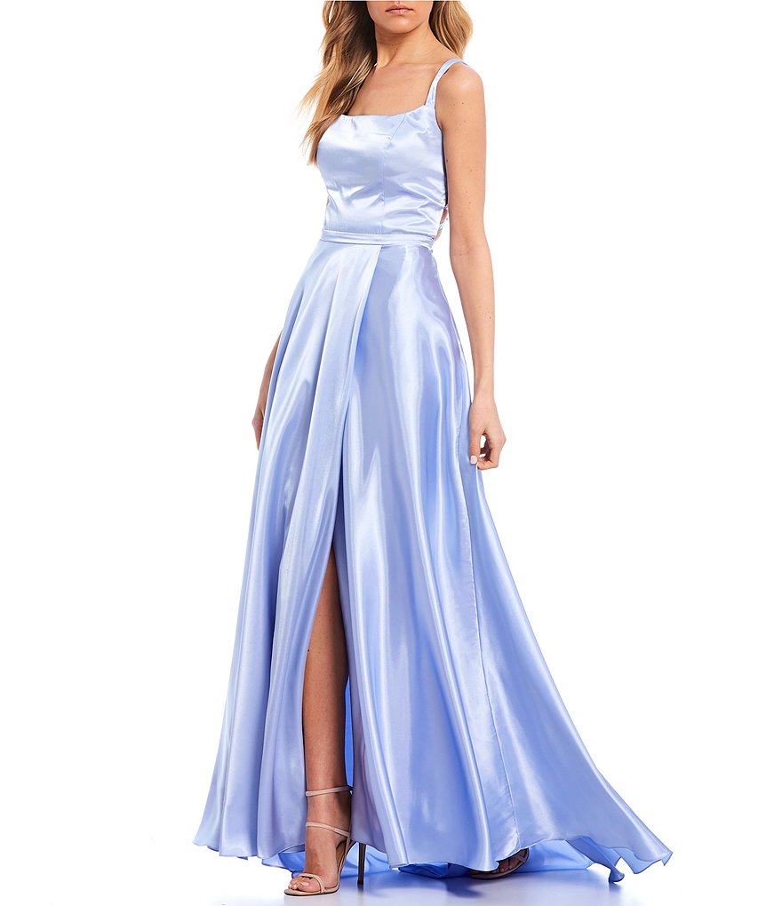 Blondie Nites Sleeveless Square-Neck Cut-Out Back Side Slit Charmeuse Satin Ball Gown