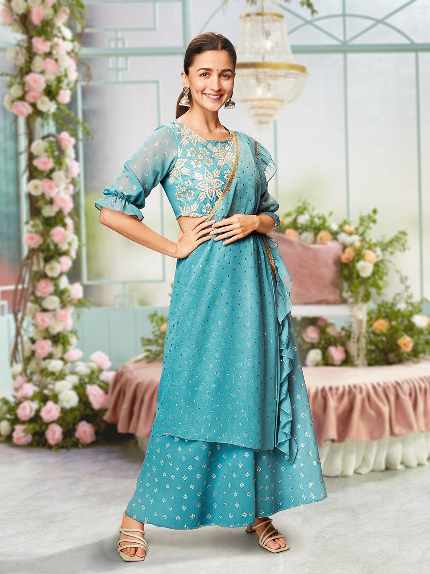 Aurelia Powder Blue Embroidered Crop Top Palazzo Set With Drape Dupatta