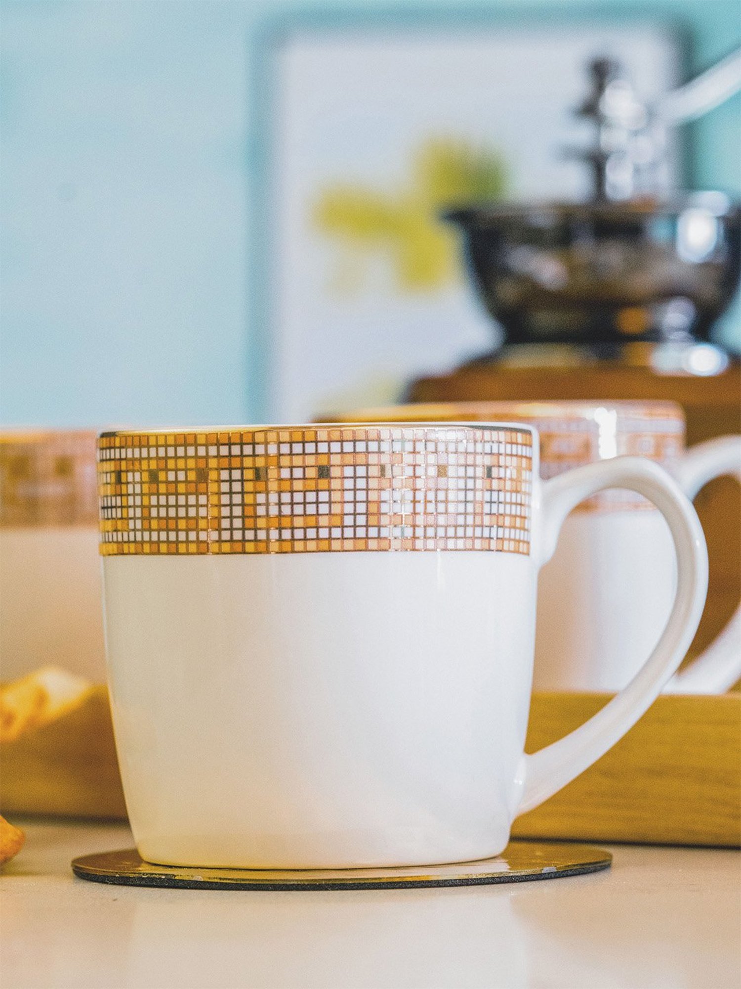 White Gold Printed White Porcelain Coffee Mug - Set of 6 (180ml)