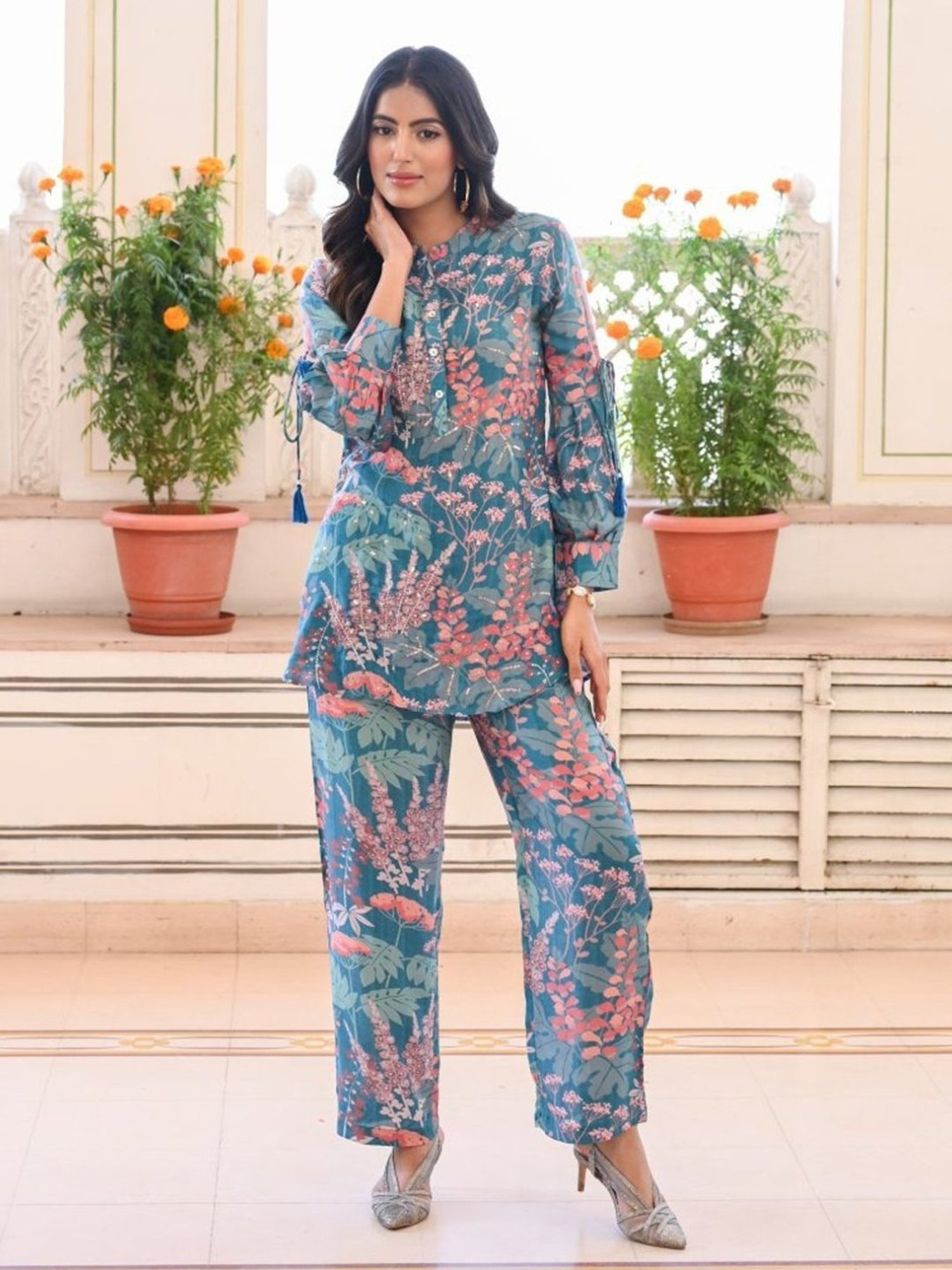 Mahee Jaipur Blue Leafy Tunic with Pant Co-ord Set