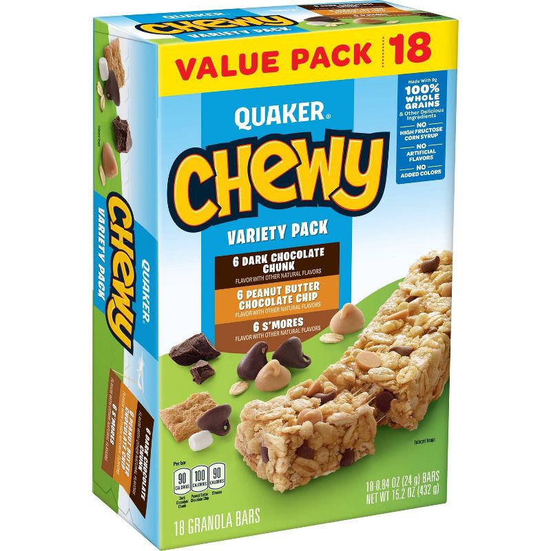 Quaker Chewy Dark Chocolate Chunk, Peanut Butter Chocolate Chip & S'mores Granola Bars Variety Pack - 18ct