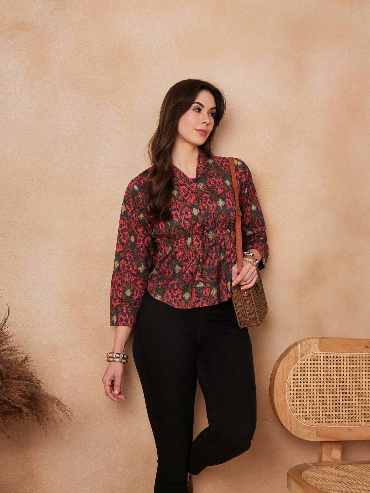 Inweave Coral & Blue Cotton Printed Top