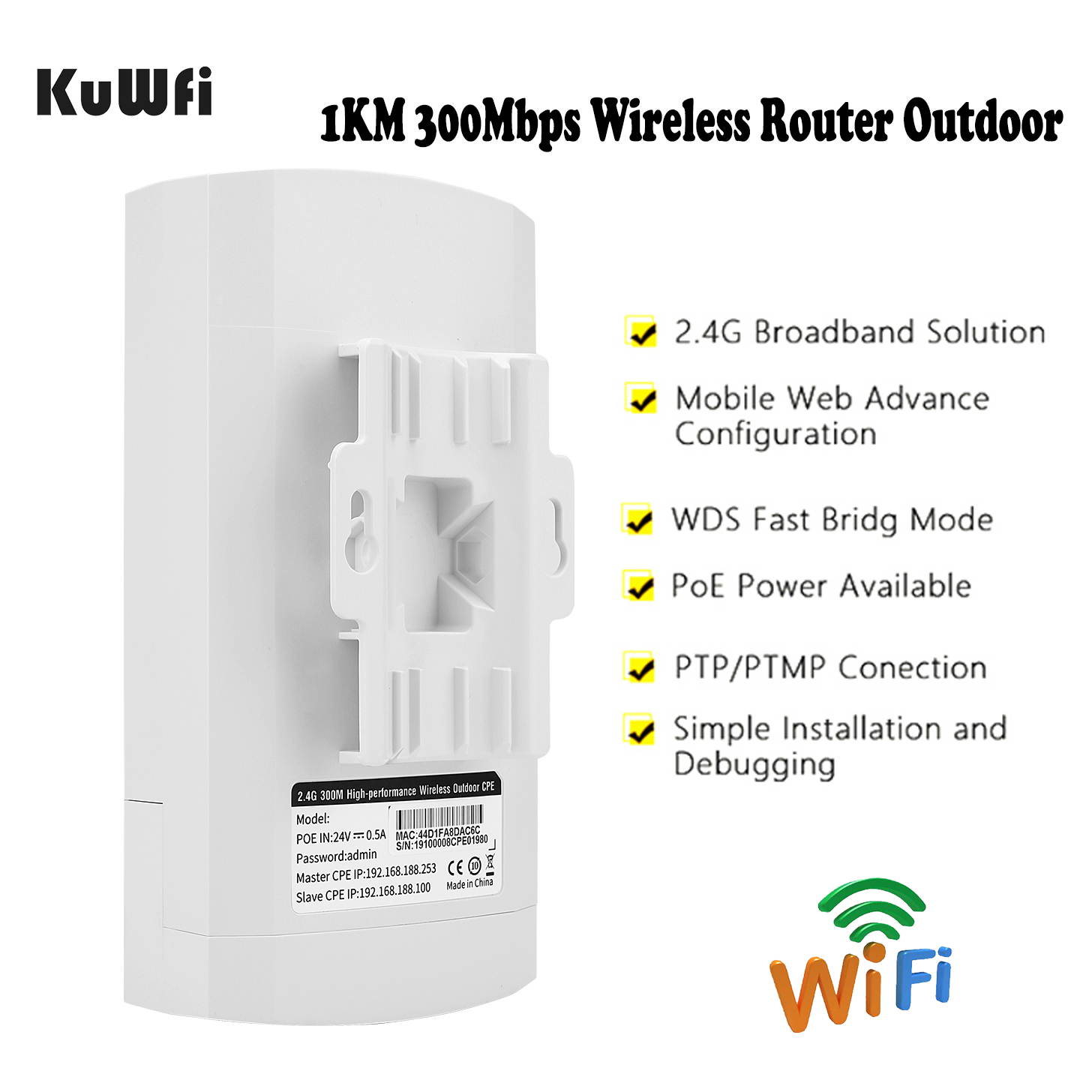 KuWFi Point to Point Wireless Long Range WiFi Bridge 2.4G 300Mbps Access Point Indoor/Outdoor AP CPE Kit for PTP/PTMP (Pre-Program WDS)