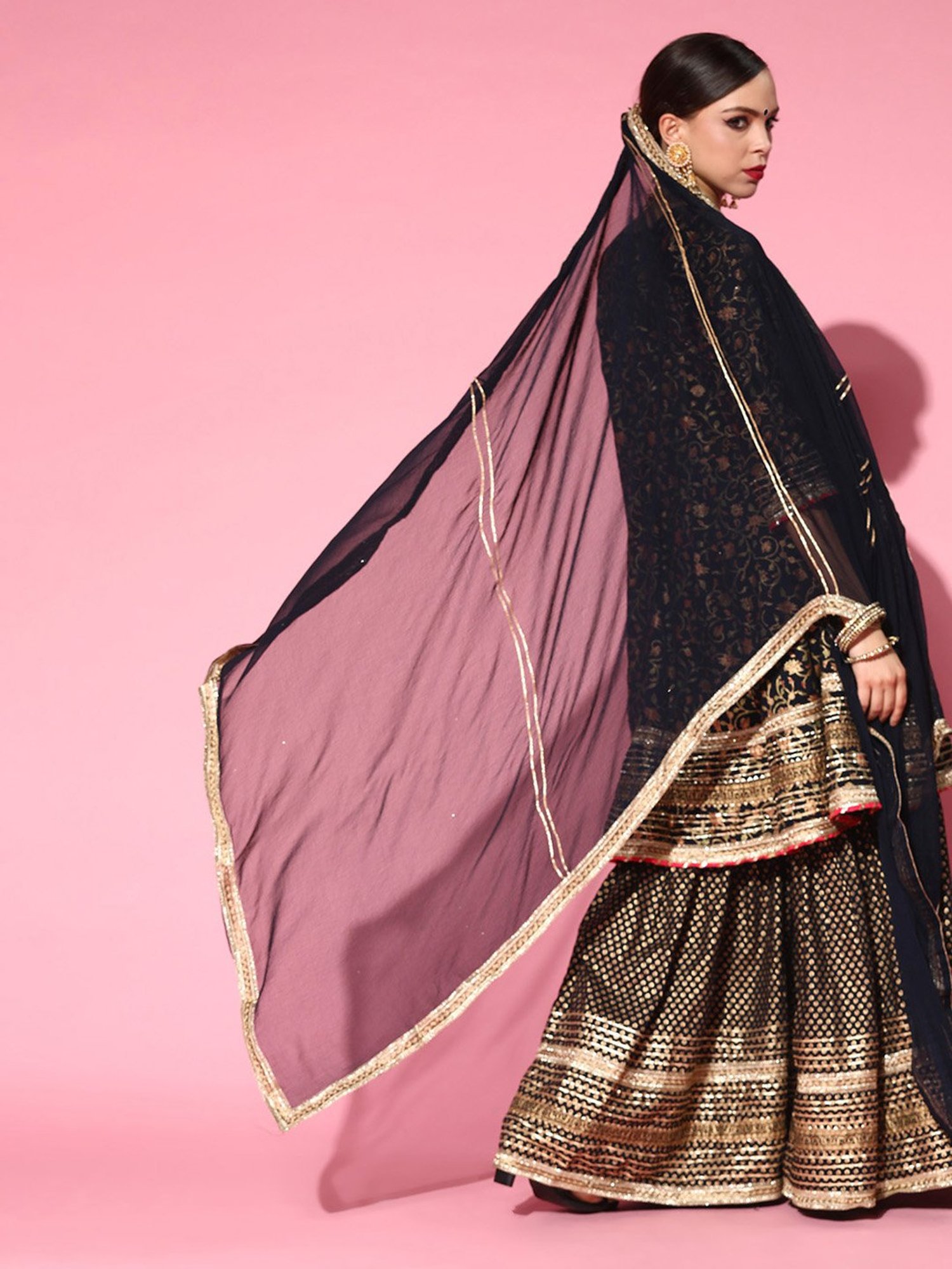 Ishin Navy Pure Cotton Embellished Kurta Sharara Set With Dupatta