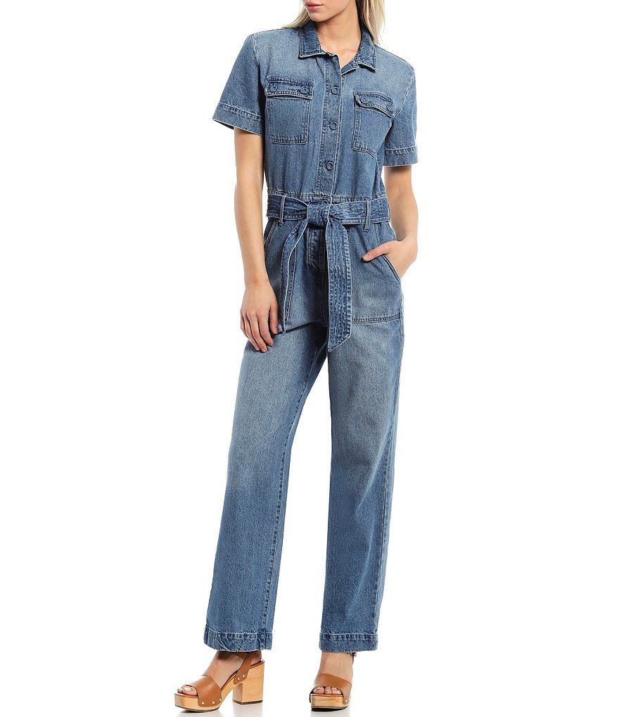 Every Denim Short Sleeve Button Front Collared Jumpsuit
