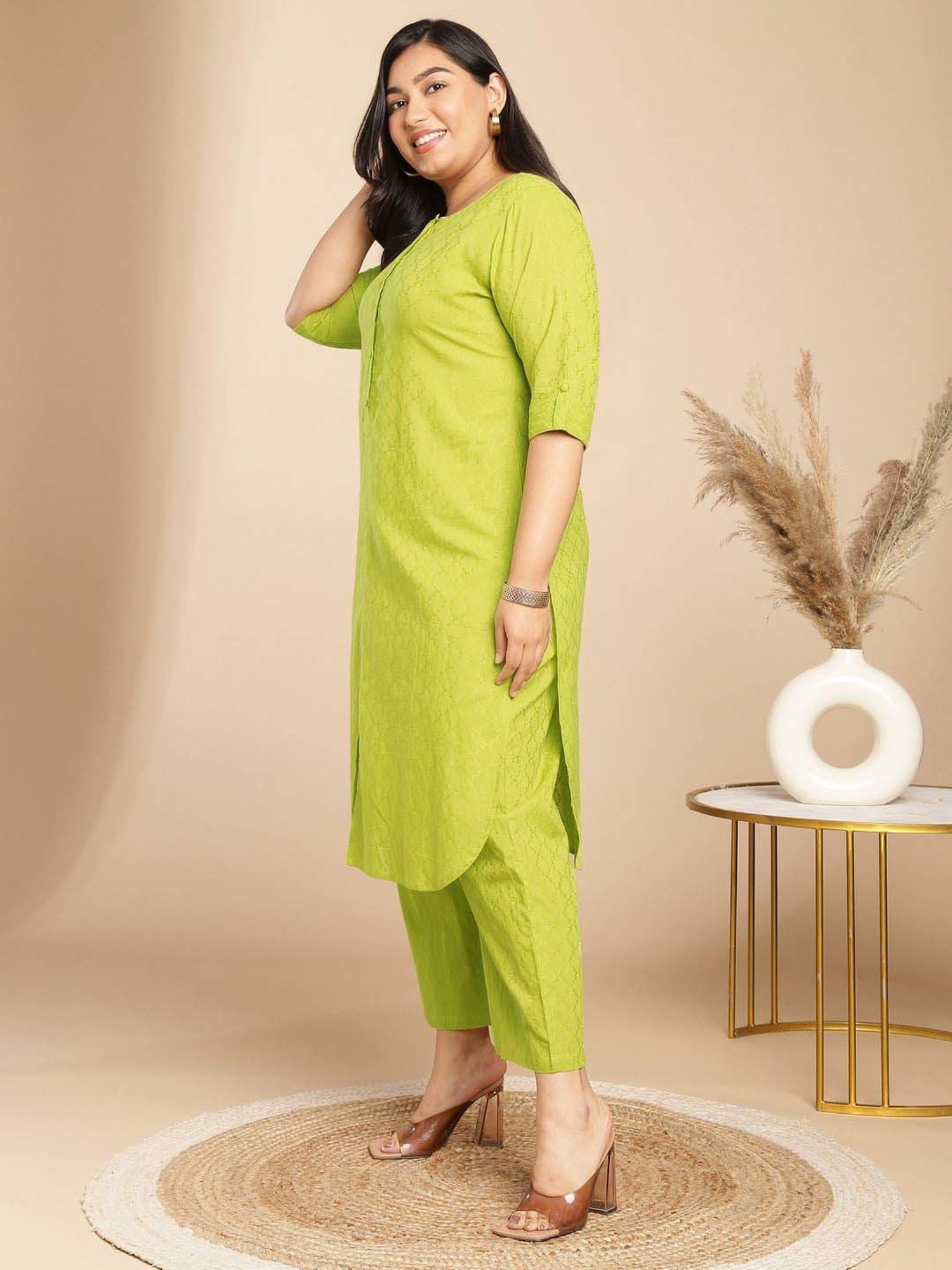 Janasya Lime Green Cotton Self Co-Ord Set