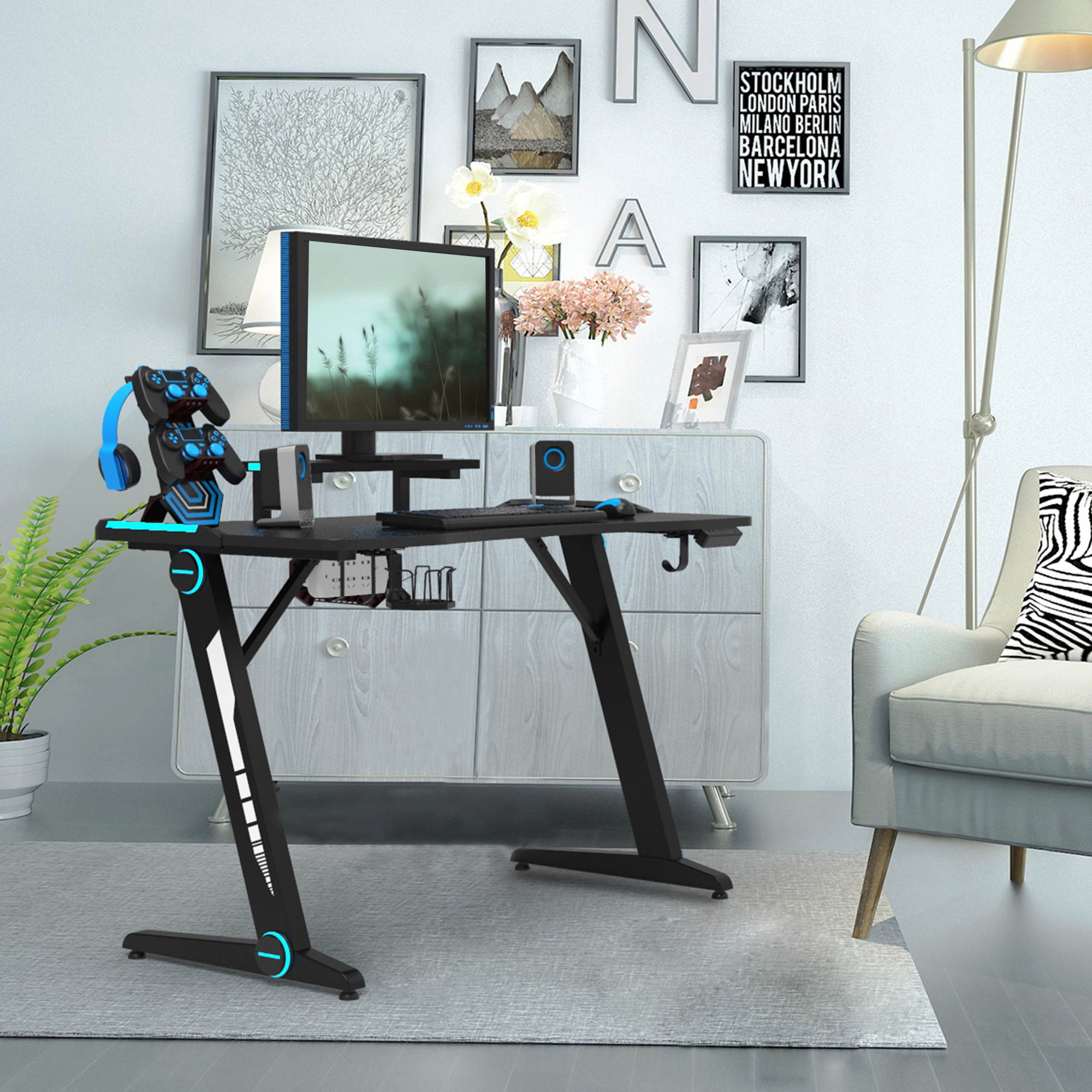 43.3 Inch Z-Shaped Gaming Desk Ergonomic Home Office Computer Desk with LED Lights Large Carbon Fiber Surface  Game Handles Holder Cup Holder Headphone Hook Black