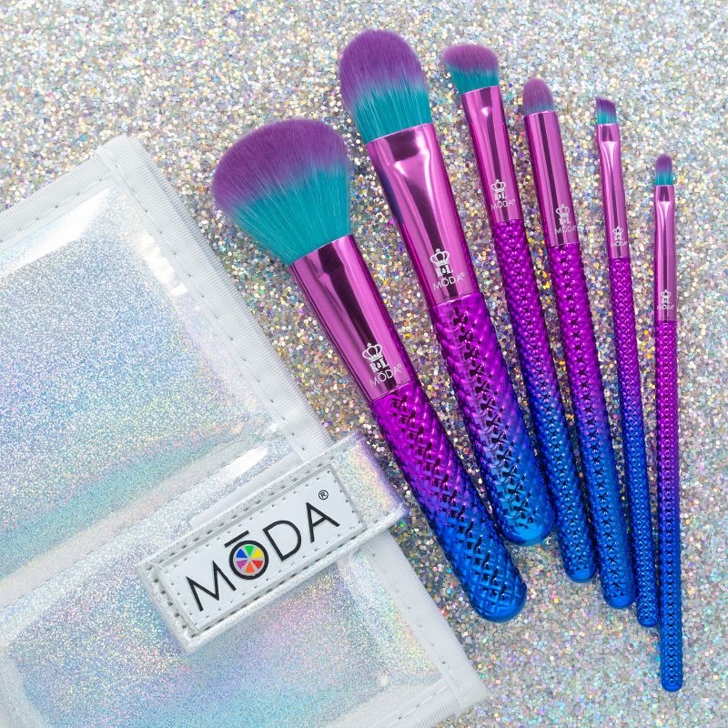 MODA Brush Prismatic 7pc Total Face Tavel Sized Makeup Brush Set with Holographic Travel Flip Case, Includes - Powder,  Angle Shader, Smoky Eye,  and Point Lip Brushes