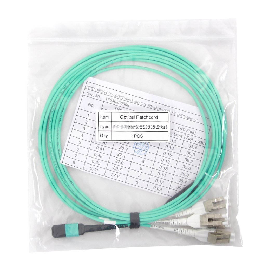 MPO Fan-out Patch Cord, MPO to 8xLC Uniboot 40GbE Fiber Optic Cable, OM3, 3-meter, 10 Packs