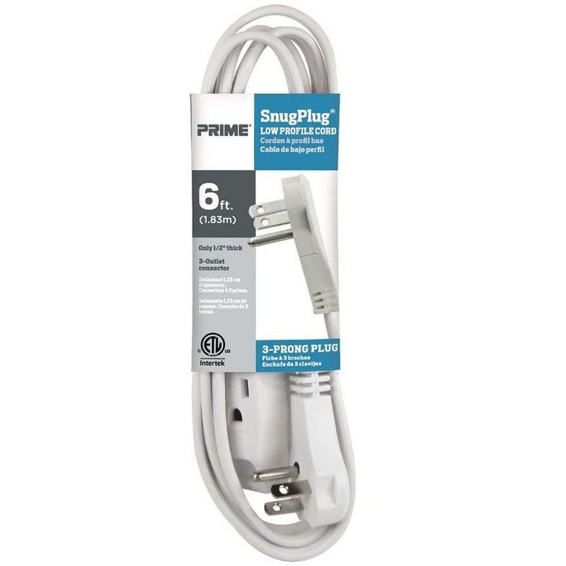 3-Outlet SnugPlug Household Extension Cord - 6 Feet - White, 16AWG, 13A/1625W, SPT-2, 125 VAC, Pure Copper, ETL and RoHS, For Indoor Use Only