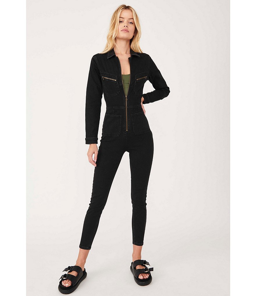 Free People Lennox Zipper Front Stretch Point Collar Long Sleeve Denim Jumpsuit