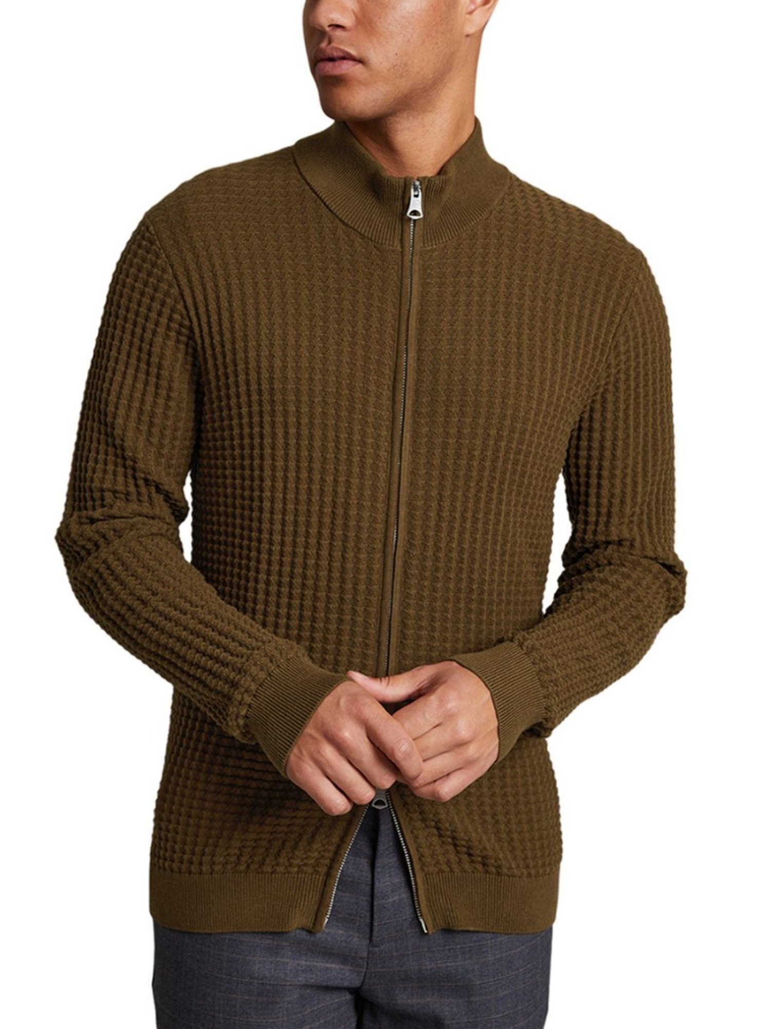 Matinique Brown Cotton Regular Fit Self Pattern Sweaters