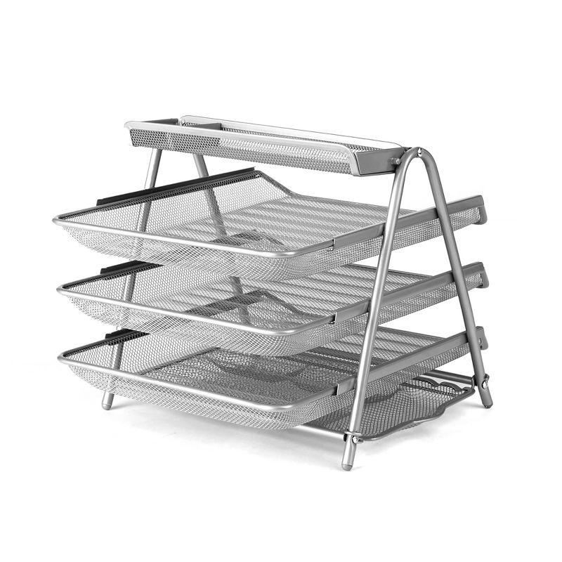 Mind Reader 3 Trays Desktop Document Letter Tray Organizer with Pull Out Drawer, Silver