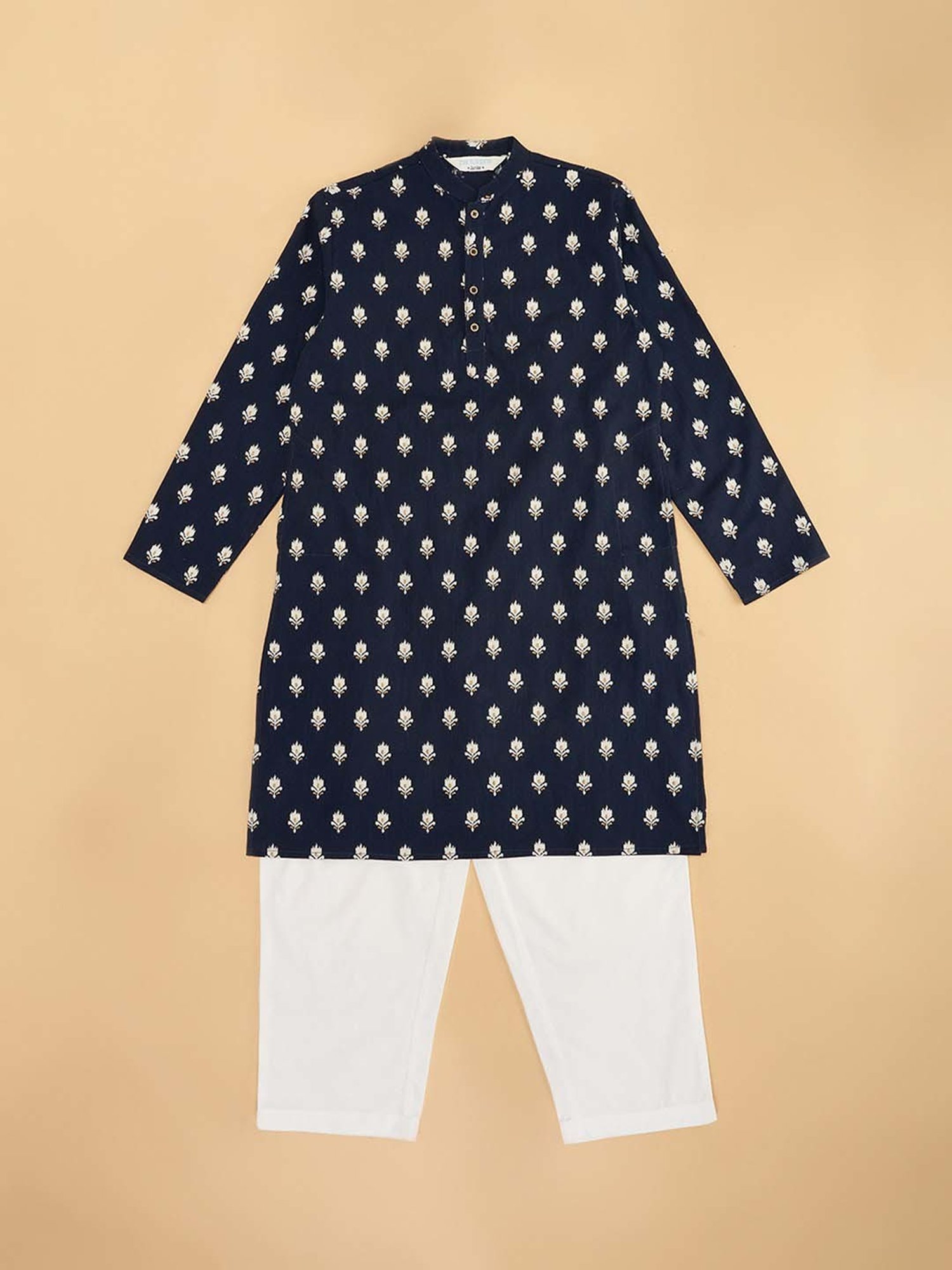 Indus Route by Pantaloons Kids Navy & White Cotton Floral Print Full Sleeves Kurta Set