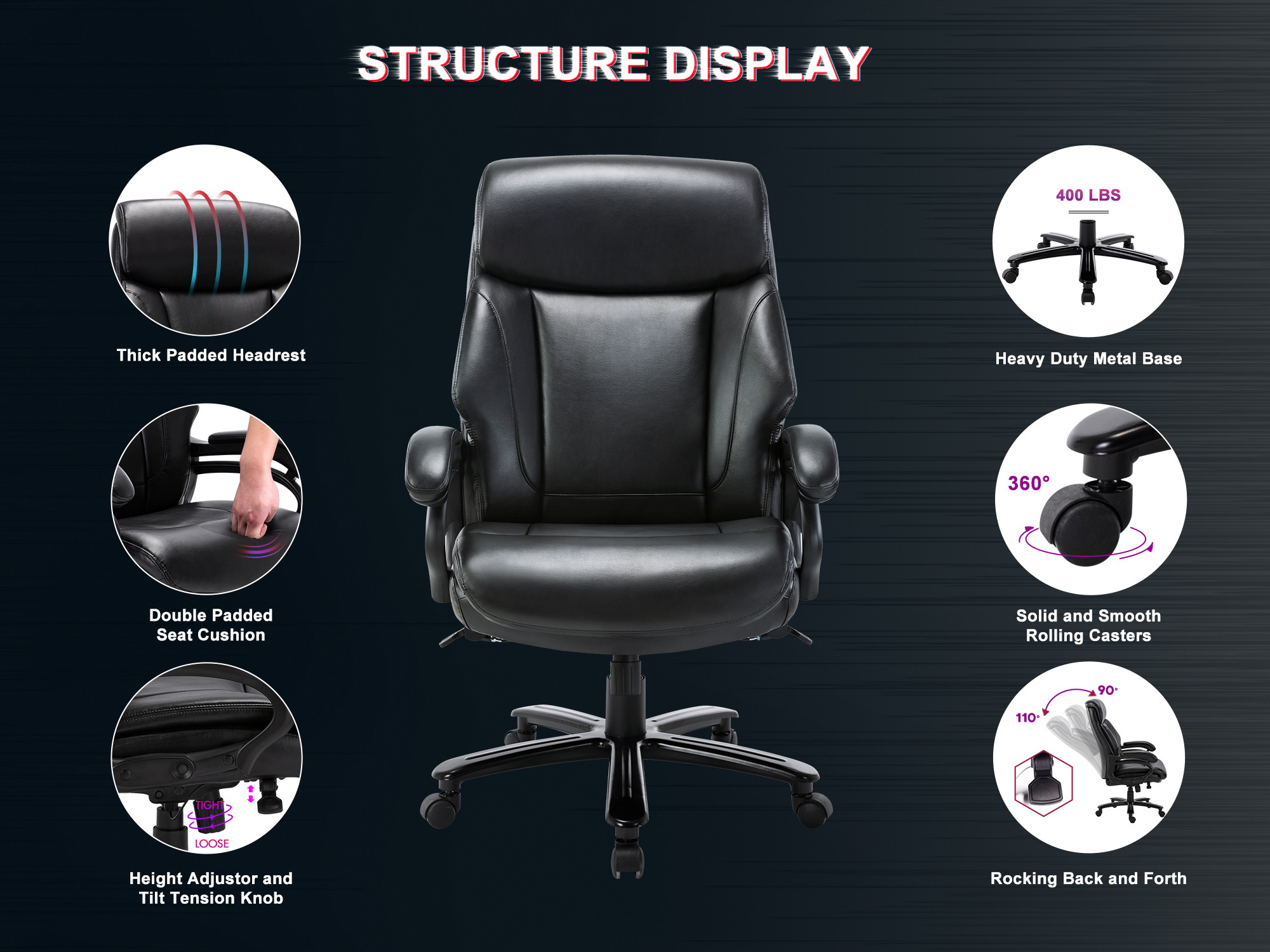 High Back Big & Tall 400lb Bonded Leather Ergonomic Office Chair Executive Desk Computer Swivel Chair - Heavy Duty Metal Base, Thick Padded Armrest and Headrest for Home&Office