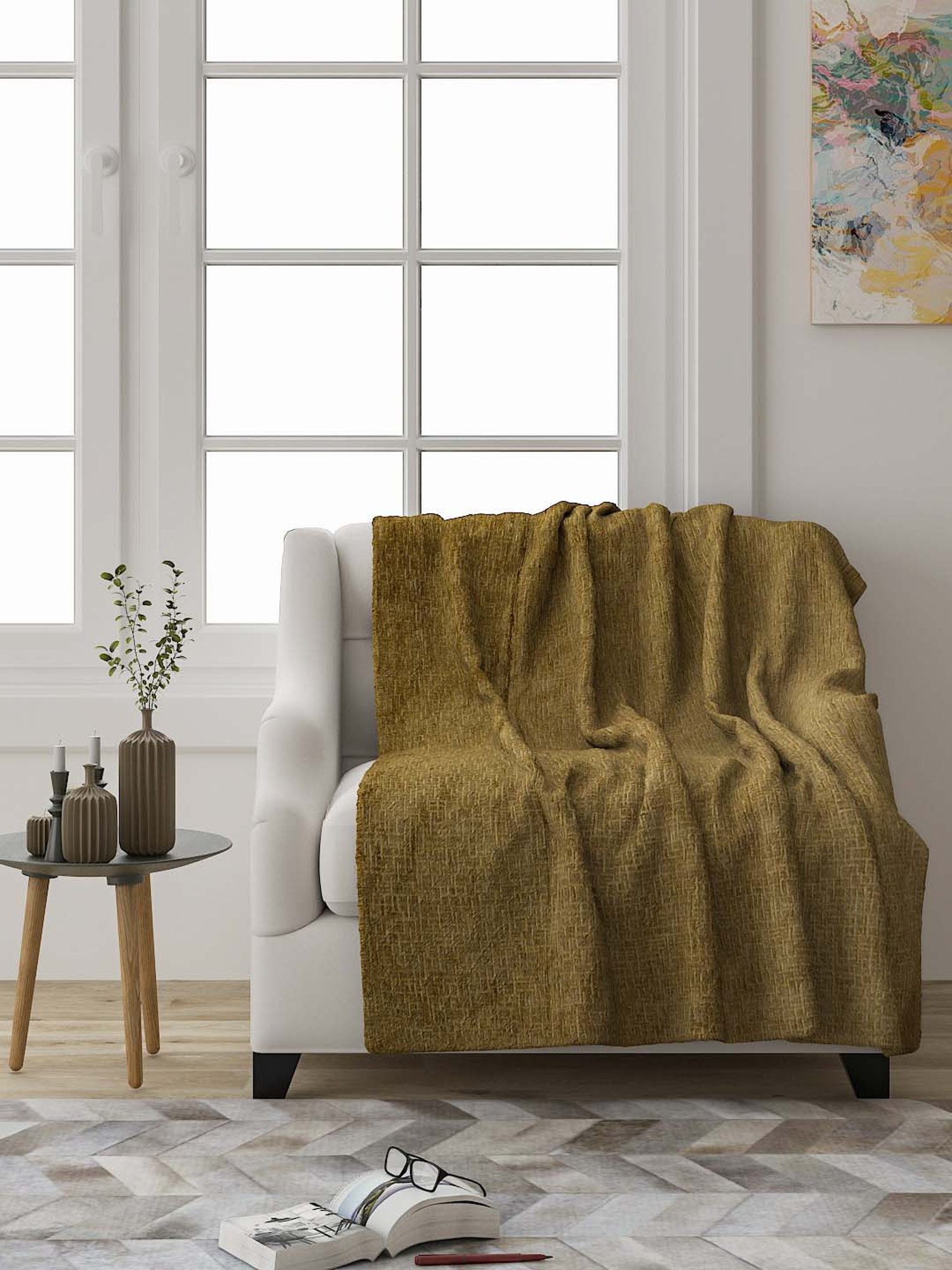 Nestasia Red & Cream Chevron Cotton Knitted Throw blanket with texture for Living Room or Bedroom